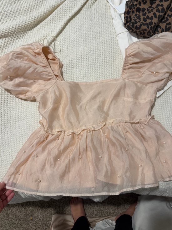 Lena Tops - Lena Blush Pearl-Embellished Puff Sleeve Peplum Top